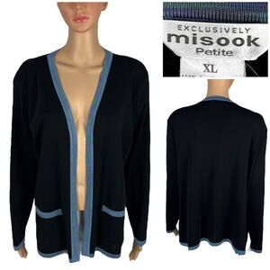 Misook Womens XL Sweater Open Front Cardigan Black Pockets Acrylic Casual EUC